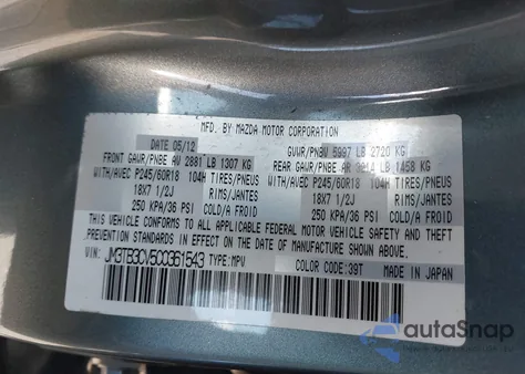 2012 Mazda Cx-9 Touring z USA, uszkodzony, nr VIN JM3TB3CV5C0361543